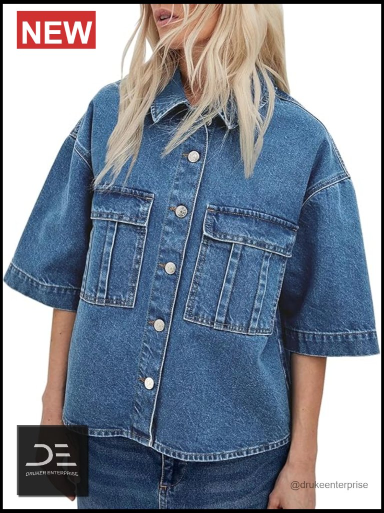 Oversized Short Sleeve Denim Jacket Cropped Jean Top Button Down V-Neck